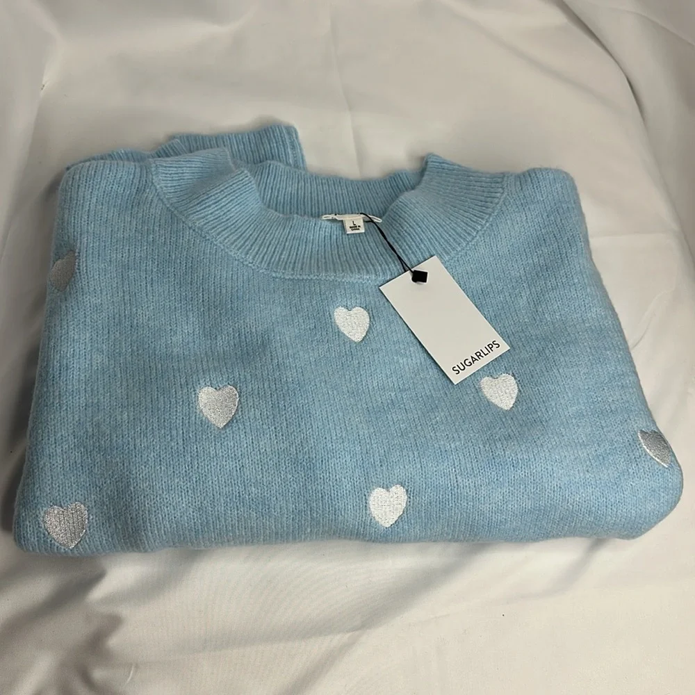 SUGARLIPS LARGE Women’s Long Sleeve NWT EMBROIDERED HEARTS SWEATER - Picture 5 of 6